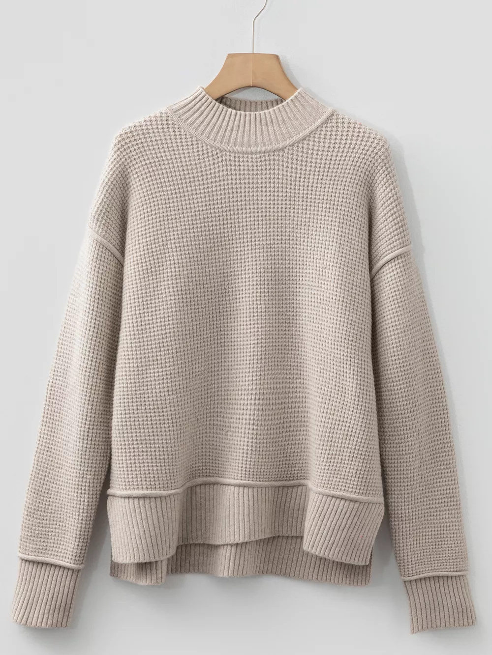 Waffle Texture Knit Ribbed High Neck Drop Shoulder Sweater, image 2