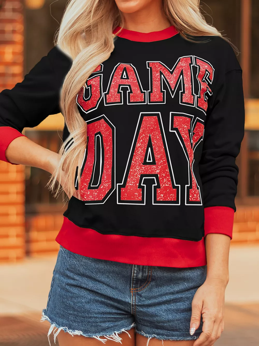 GAME DAY Letter Graphic Varsity Striped Detail Baggy Sweatshirt, image 7
