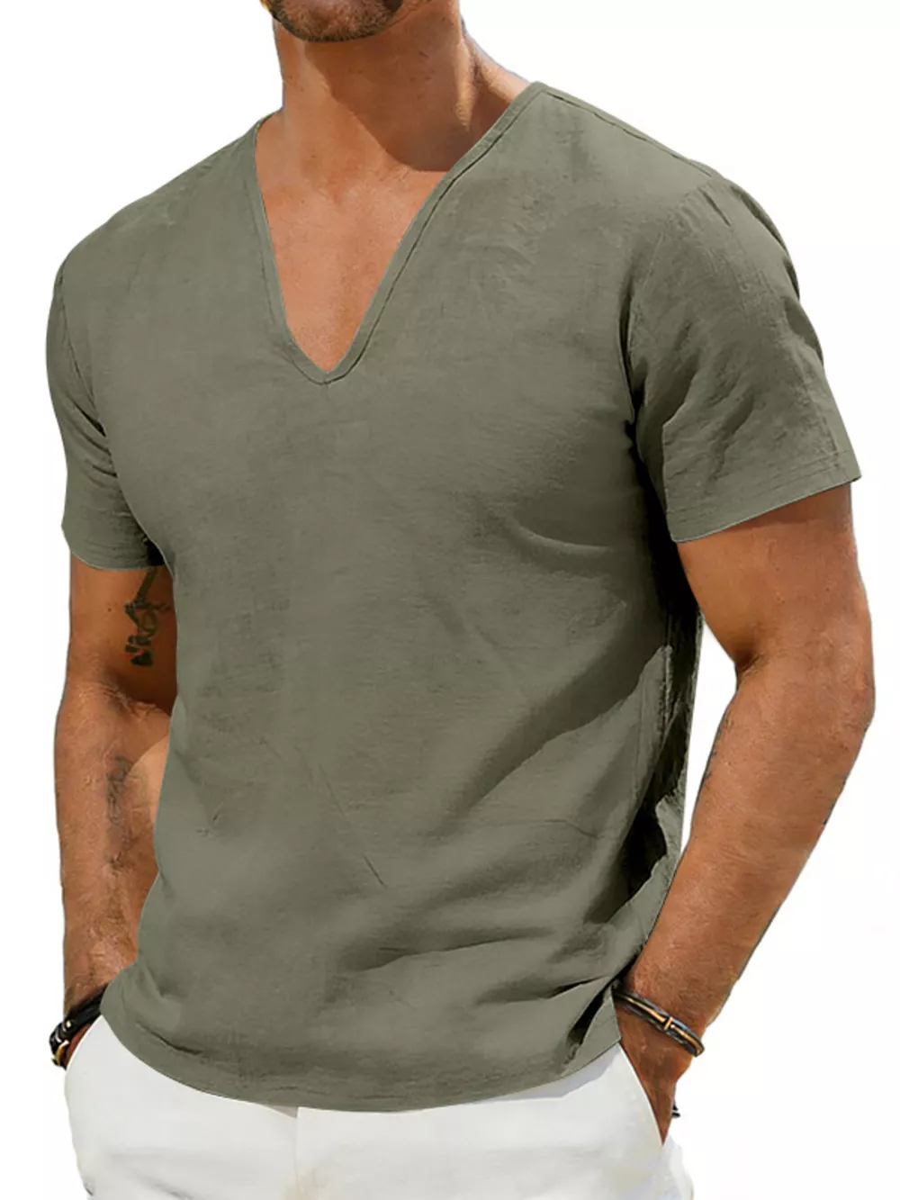 Men's Full Size Casual V-Neck Linen T-Shirt Plus Size, image 2