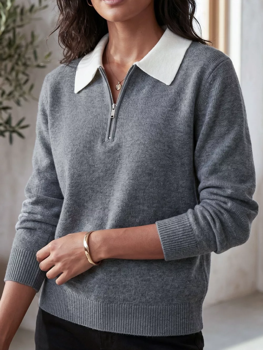 Contrast Collar Quarter Zip Sweater, image 3