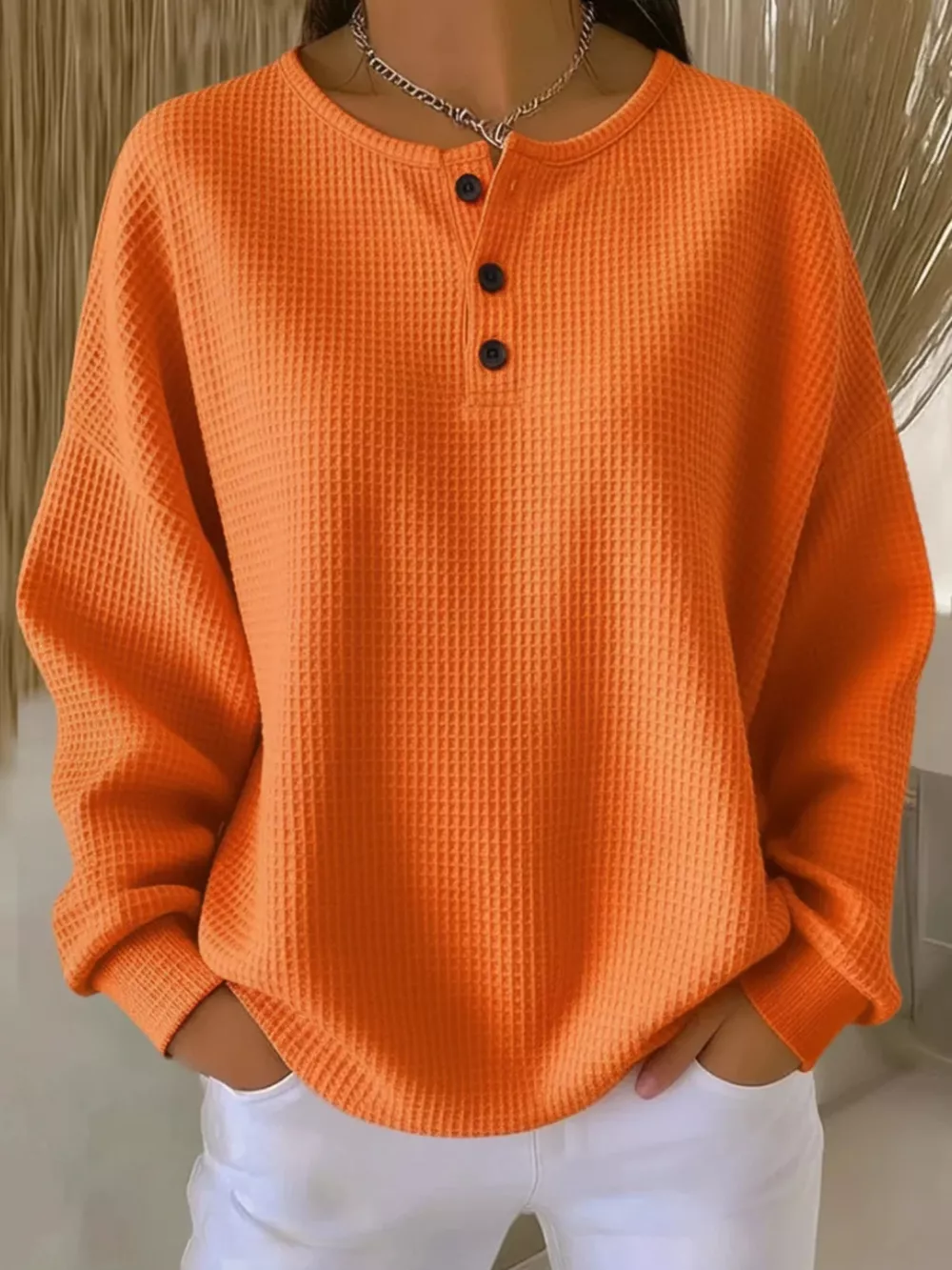 Full Size Waffle Knit Button Detail Top Plus Size, image 13