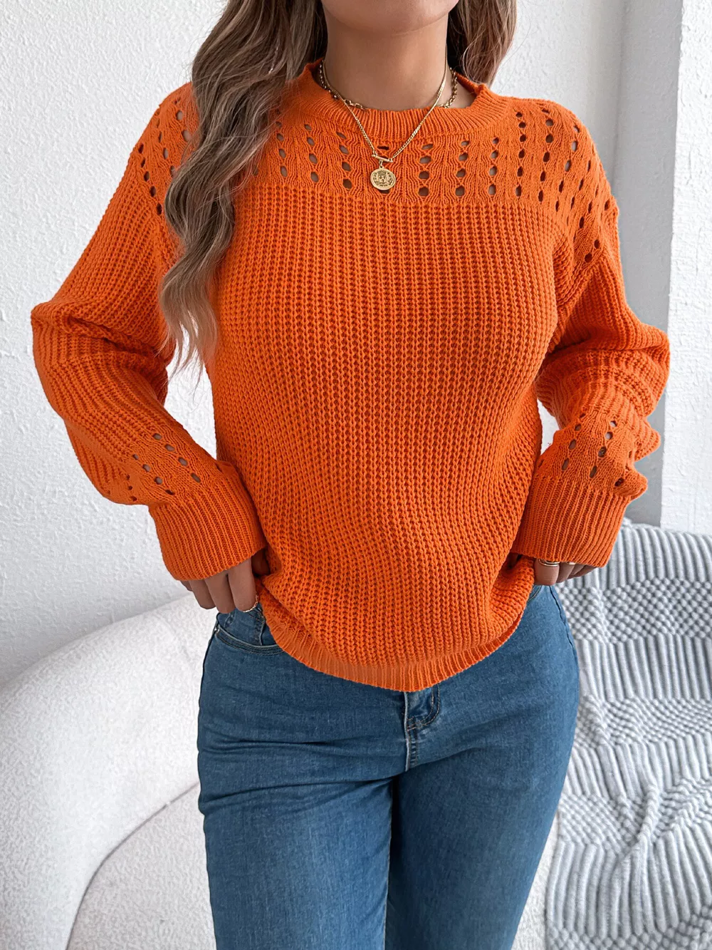 Openwork Round Neck Long Sleeve Sweater, image 9