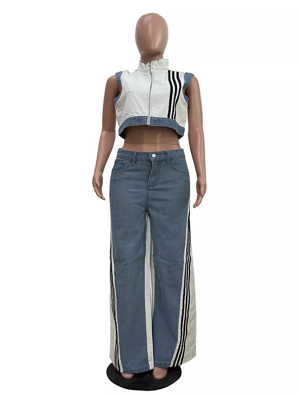 Zip Front Crop Top and Striped Pants Set, image 5