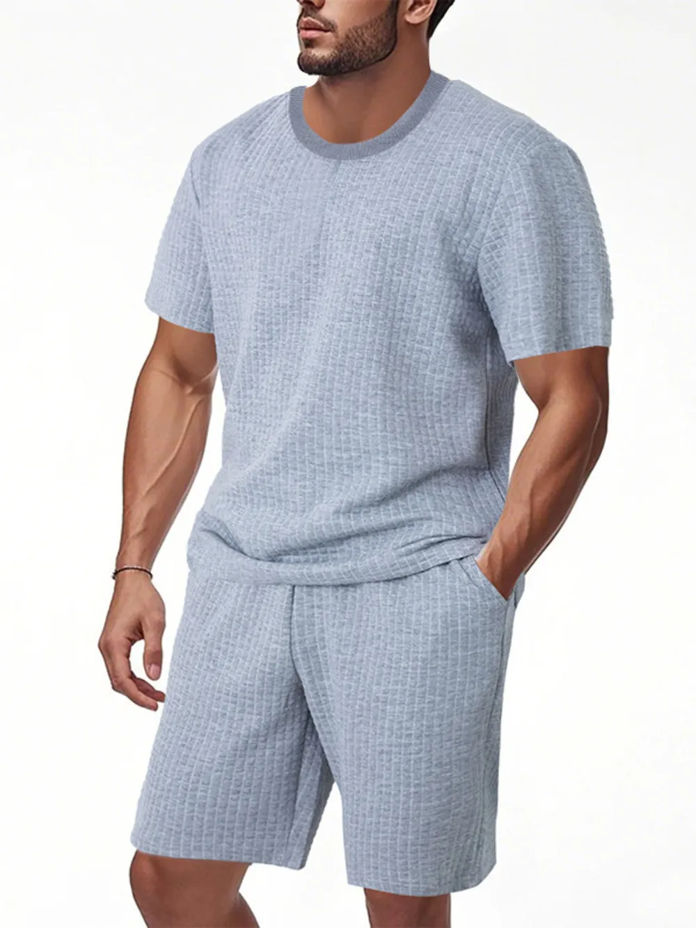 Men's Full Size Textured Round Neck Top and Shorts Set Plus SIze, image 14