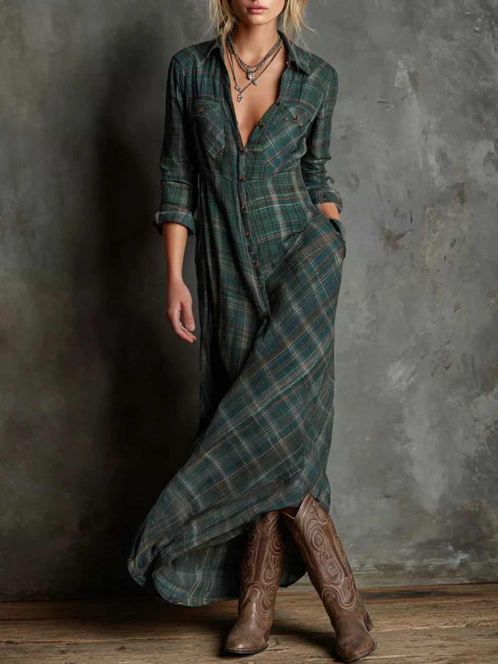 Vintage Plaid Button-Down Maxi Shirt Dress