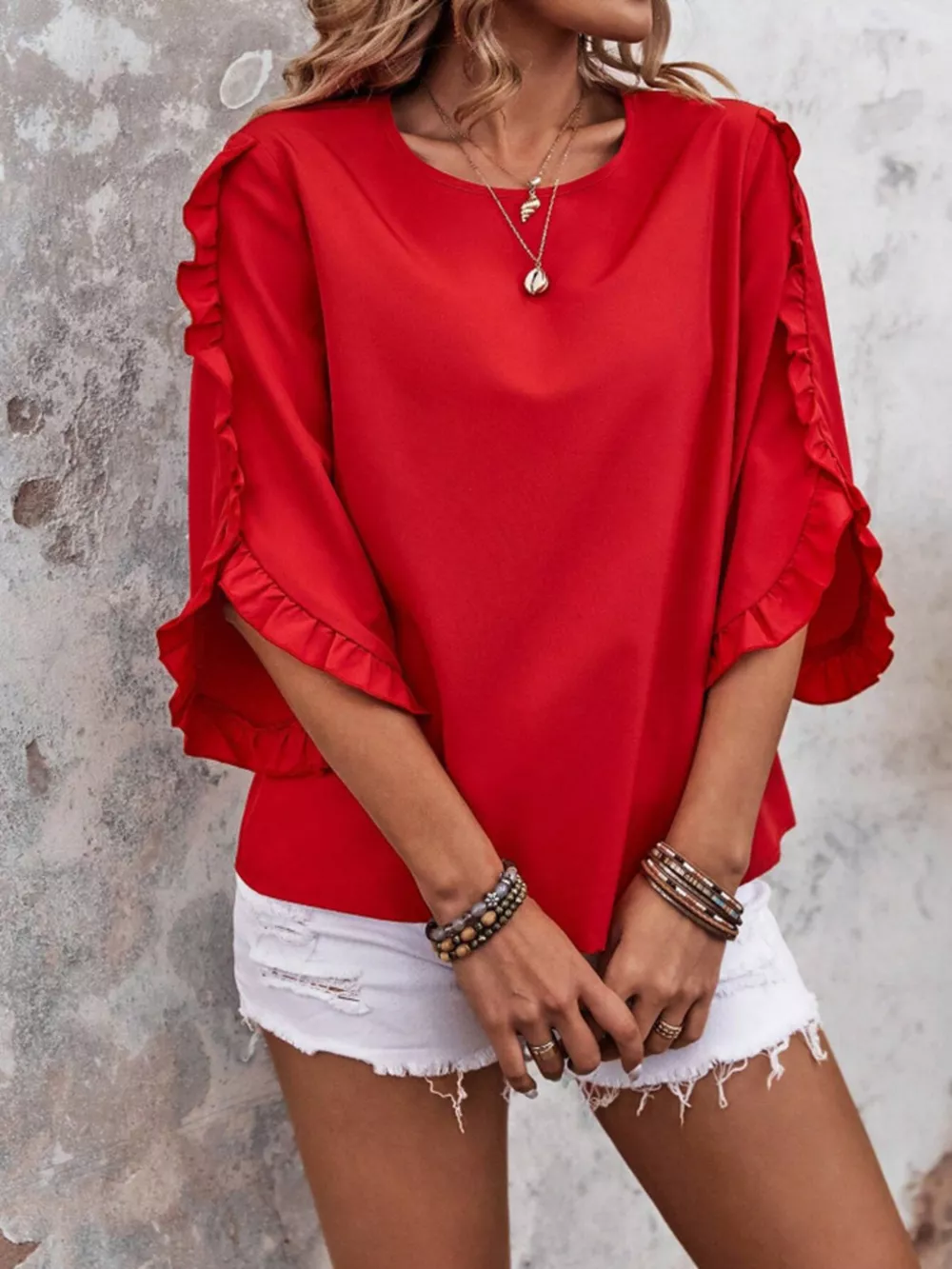 Ruffle Sleeve Solid Color Blouse, image 3