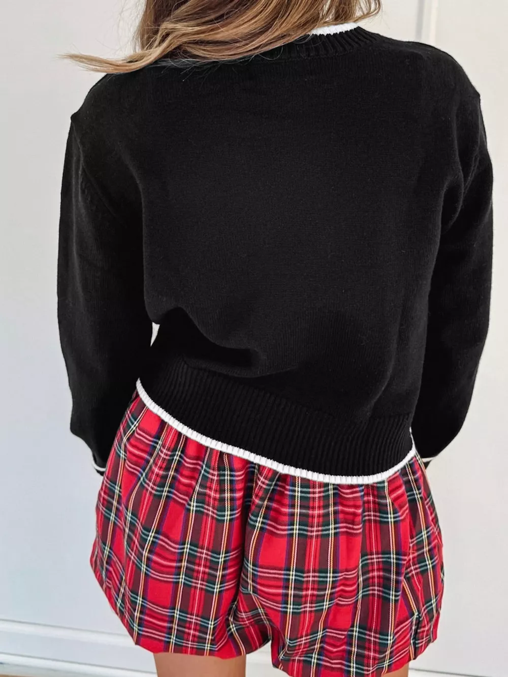 Contrast Trim Bow Accent Holiday Cropped Sweater, image 4
