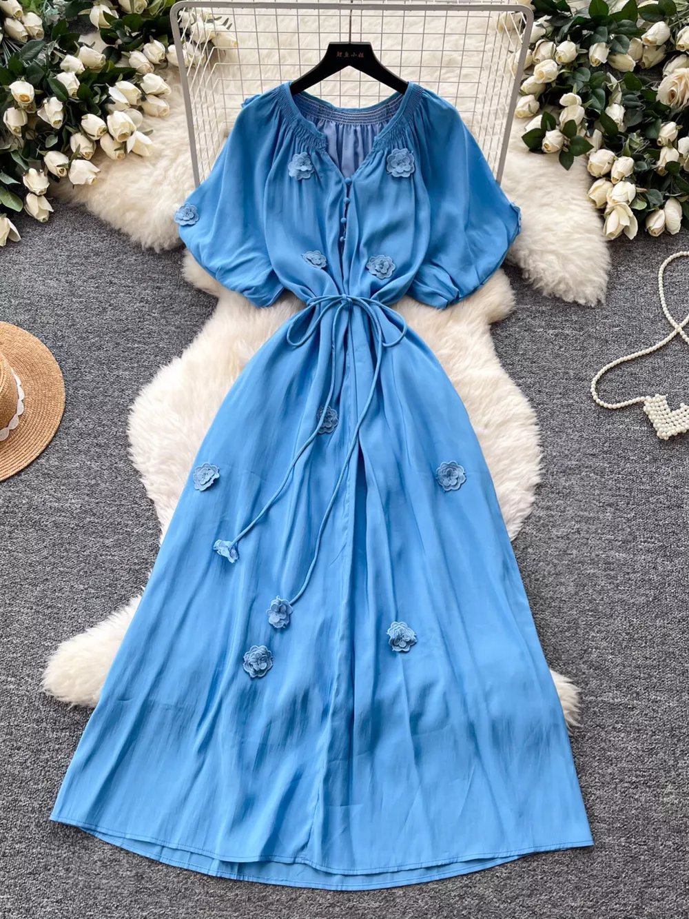 Floral Decor Tie Waist Puff Sleeve Dress, image 2