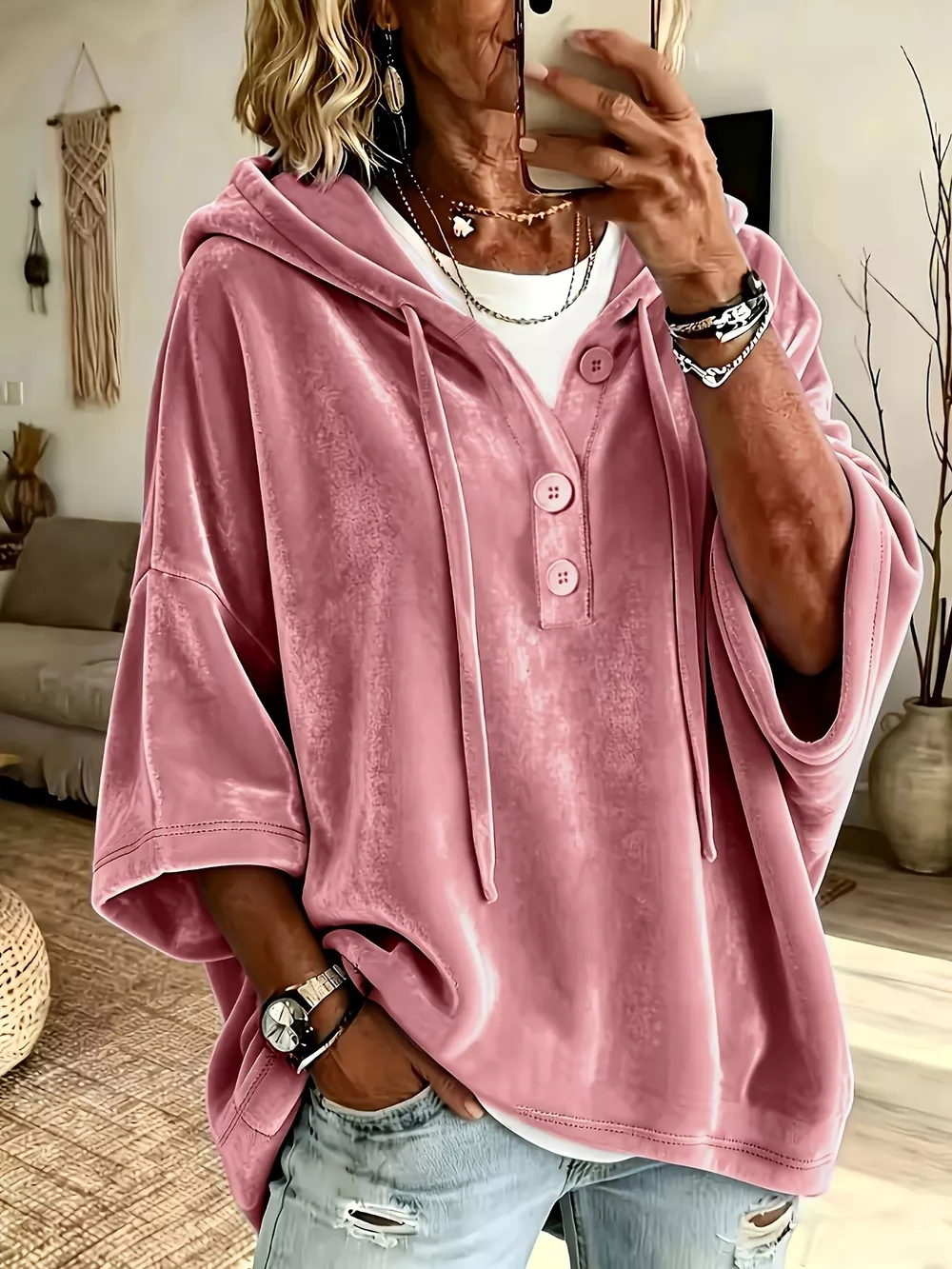 Full Size Velvet Button Detail Drawstring Hoodie Plus Size, image 11