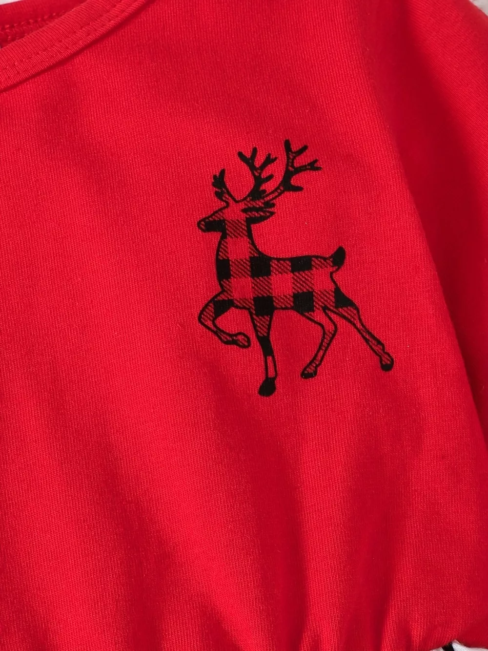 Children's Christmas Reindeer Print Ruffle Hem Long Sleeve Dress, image 4