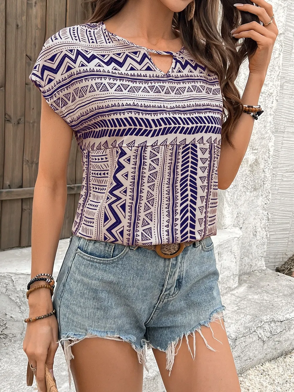 Geometric Print Short Sleeve Blouse, image 26