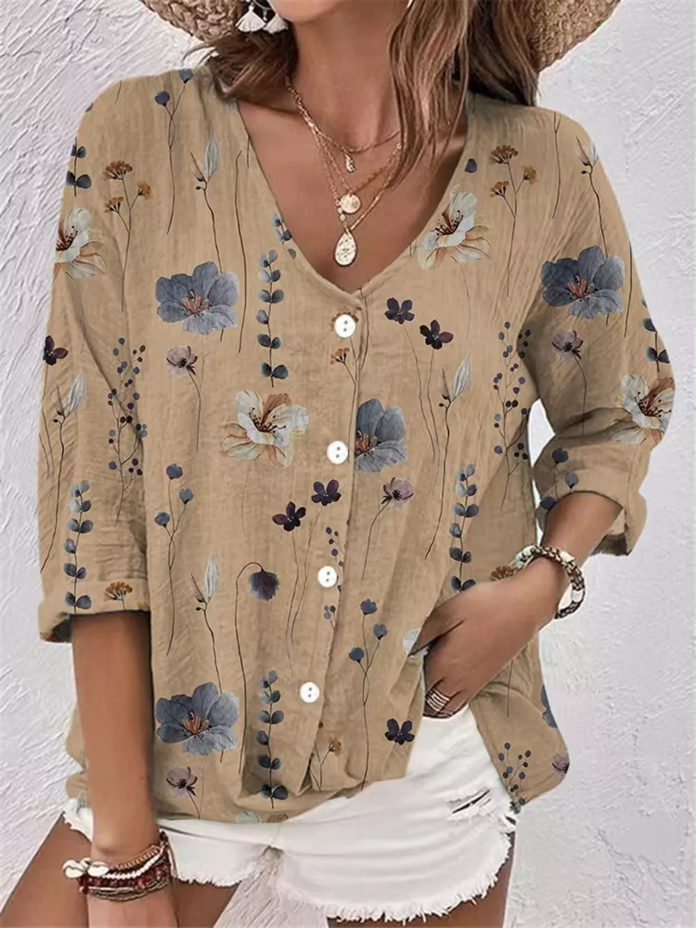 Floral Print V-Neck Button-Down Shirt, image 2