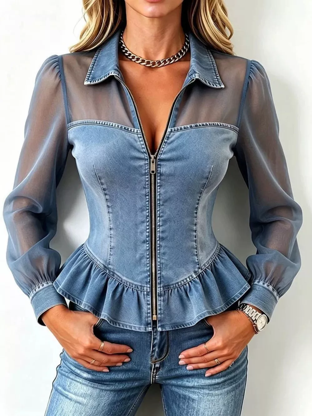 Mesh Sleeve Peplum Denim Top with Front Zipper