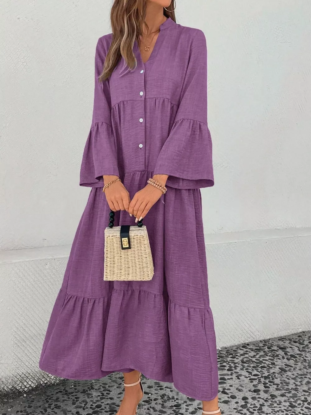 Ruffle Hem Button Front Tiered Dress, image 3