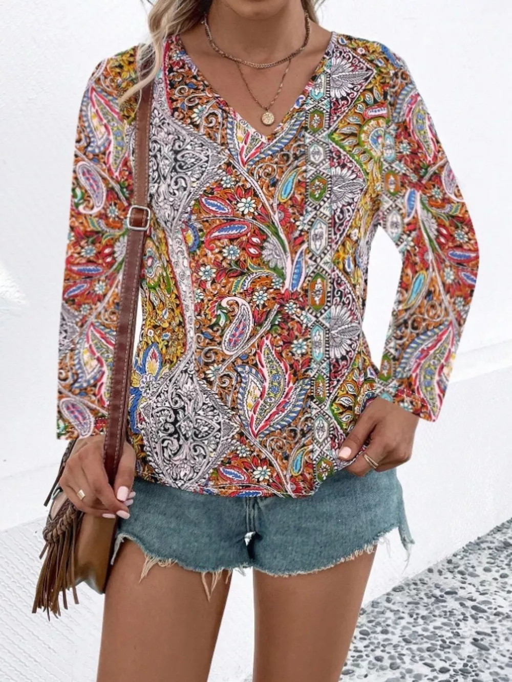 Paisley Print V-Neck Long Sleeve Blouse, image 12