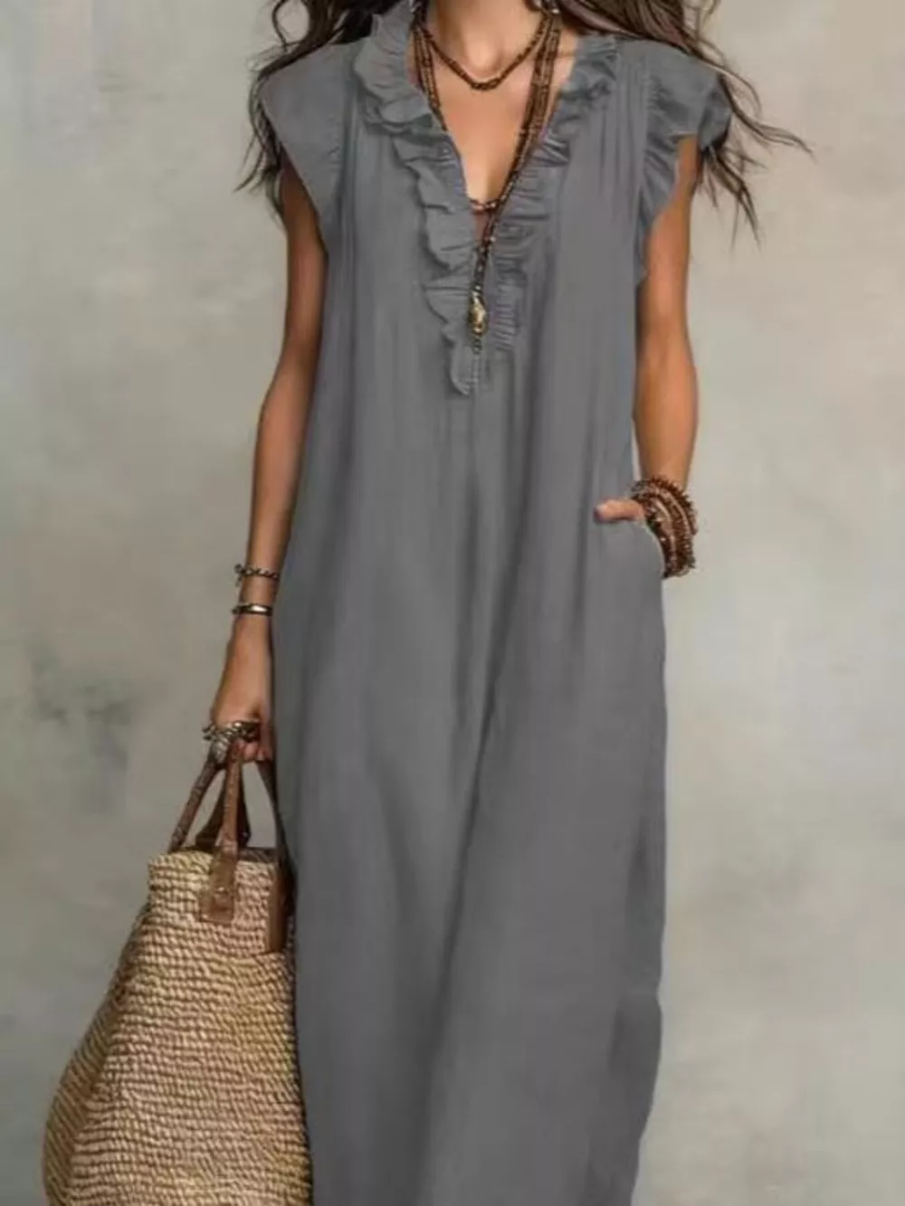 Full Size Bohemian Ruffle Neck Maxi Dress Plus Size, image 8
