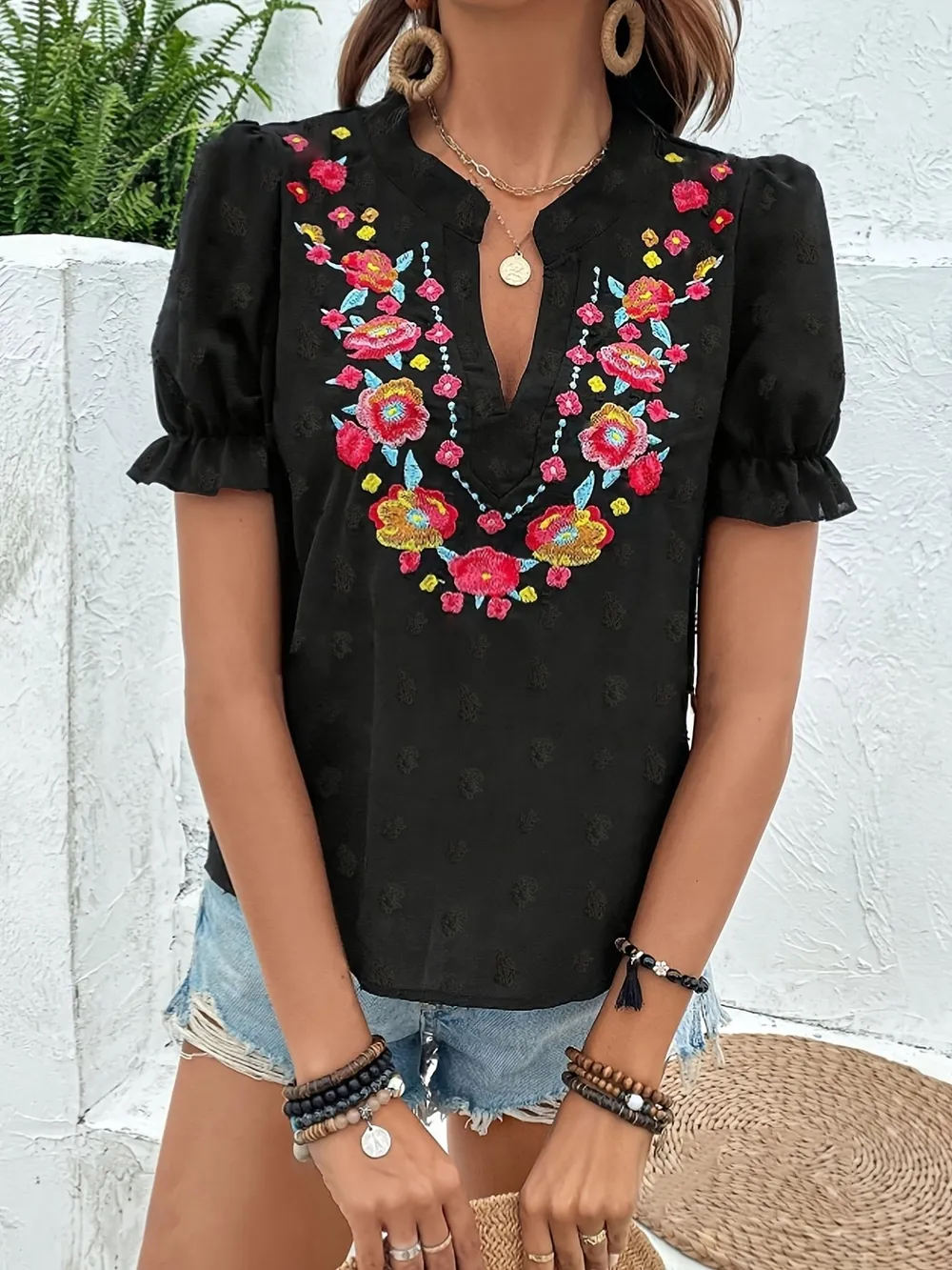 Floral Embroidered Puff Sleeve Blouse, image 2