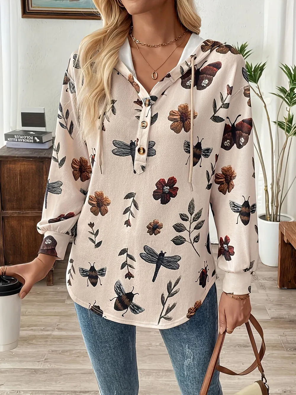Drawstring Button Front Printed Hoodie, image 4