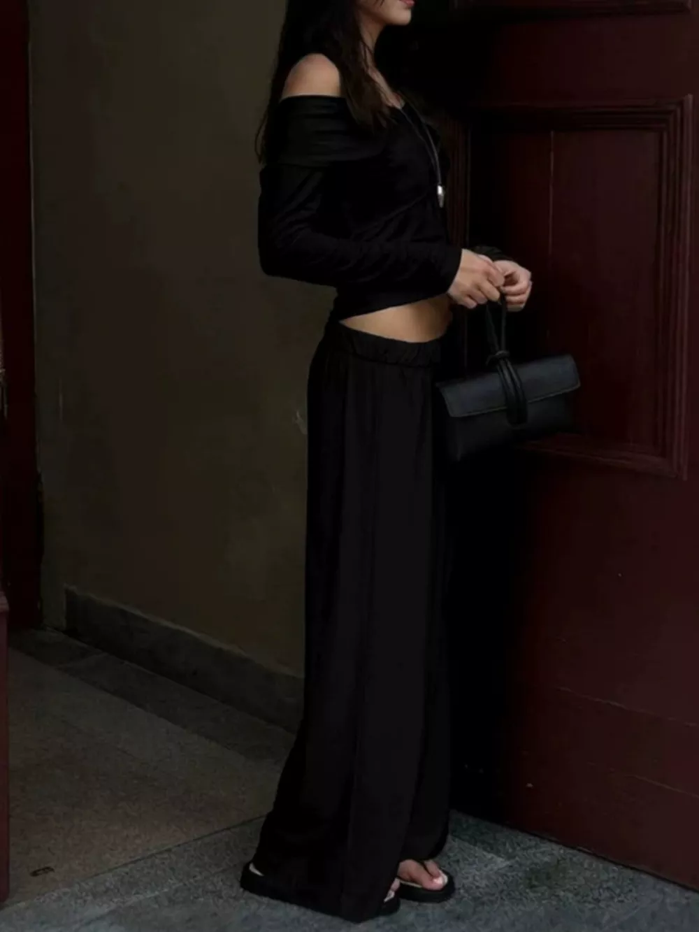 Off-Shoulder Long Sleeve Top and Wide-Leg Pants Set, image 10