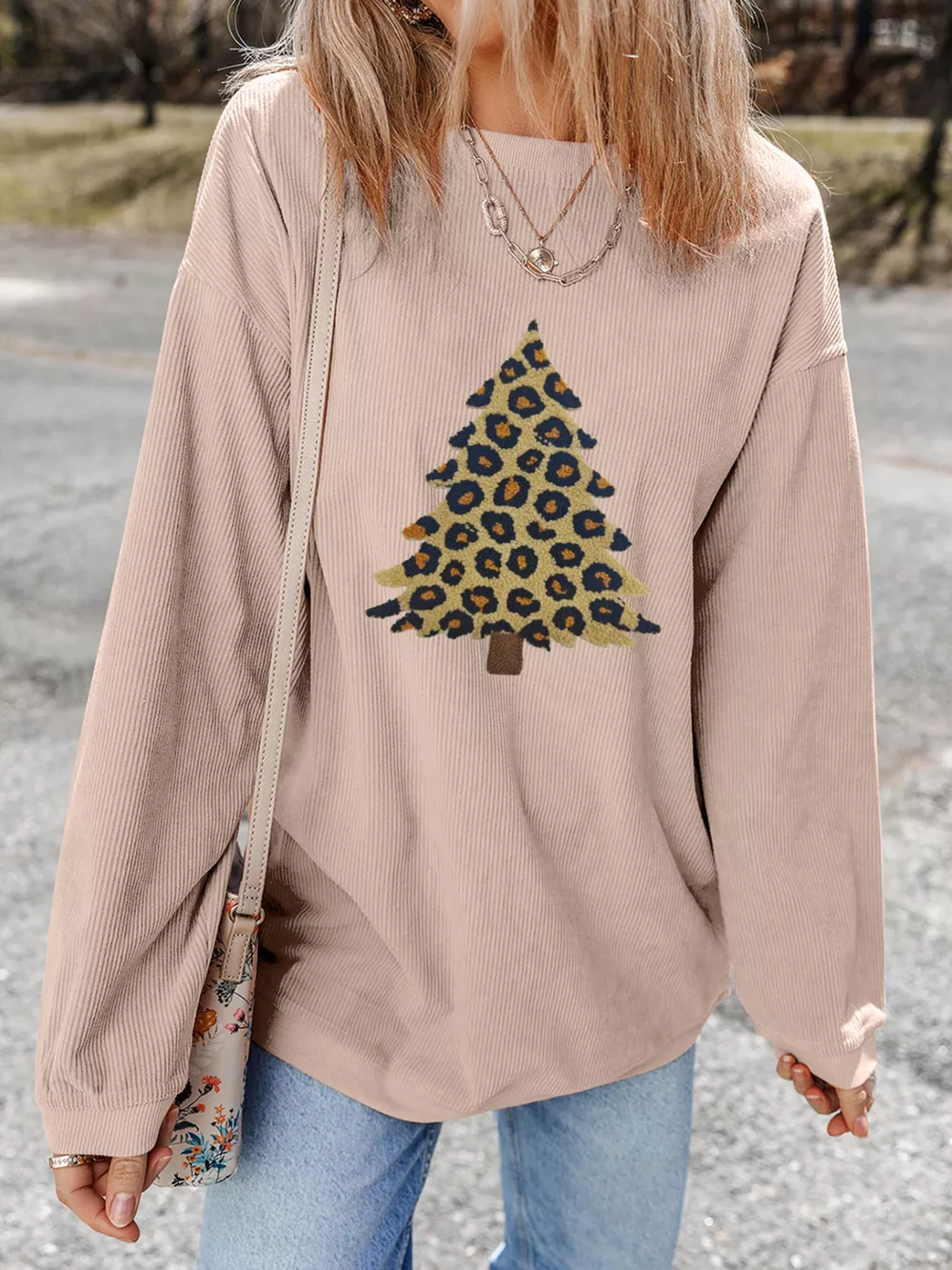 Leopard Christmas Tree Graphic Corded Sweatshirt, image 2