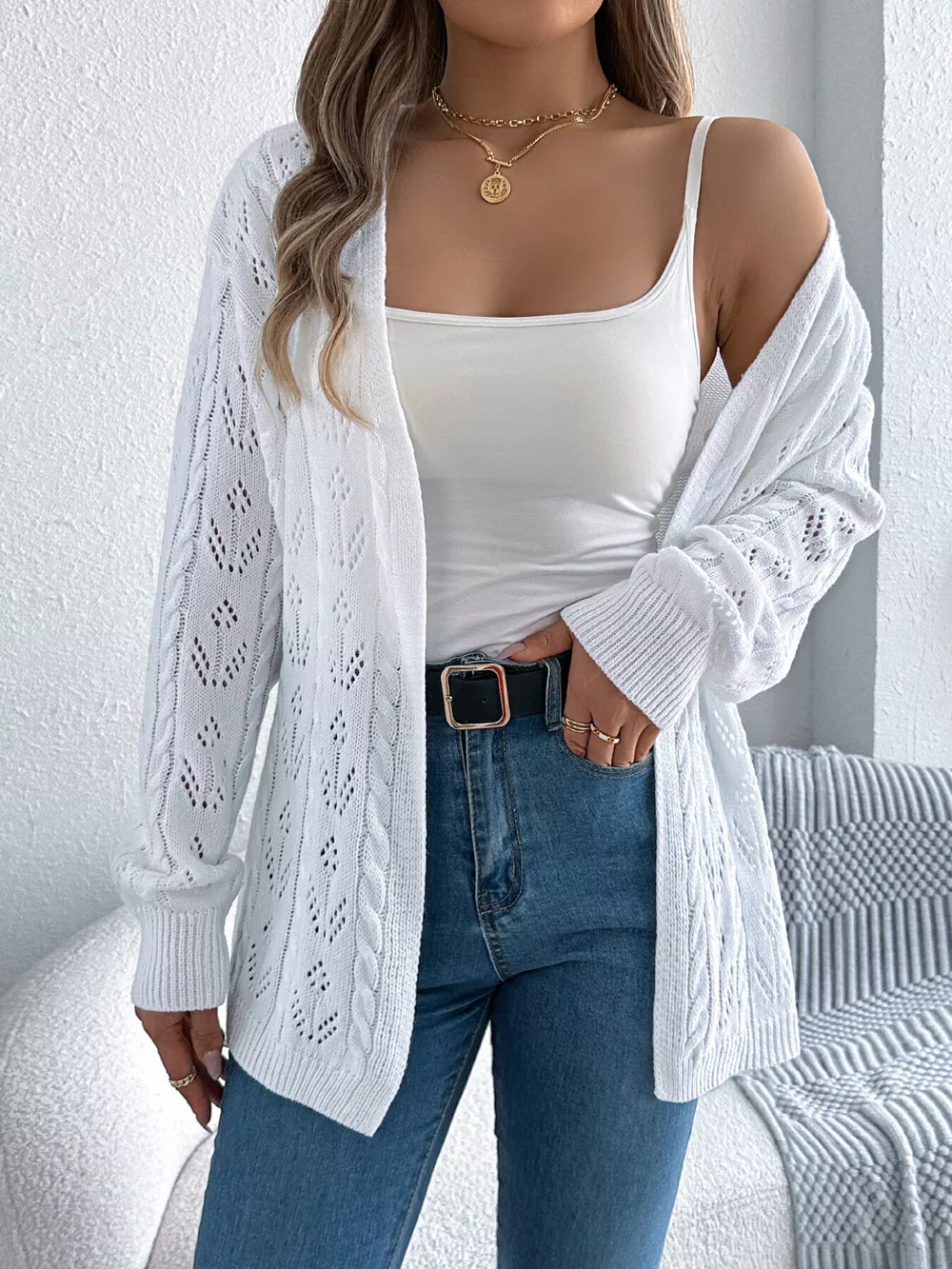 Openwork Open Front Long Sleeve Cardigan, image 5