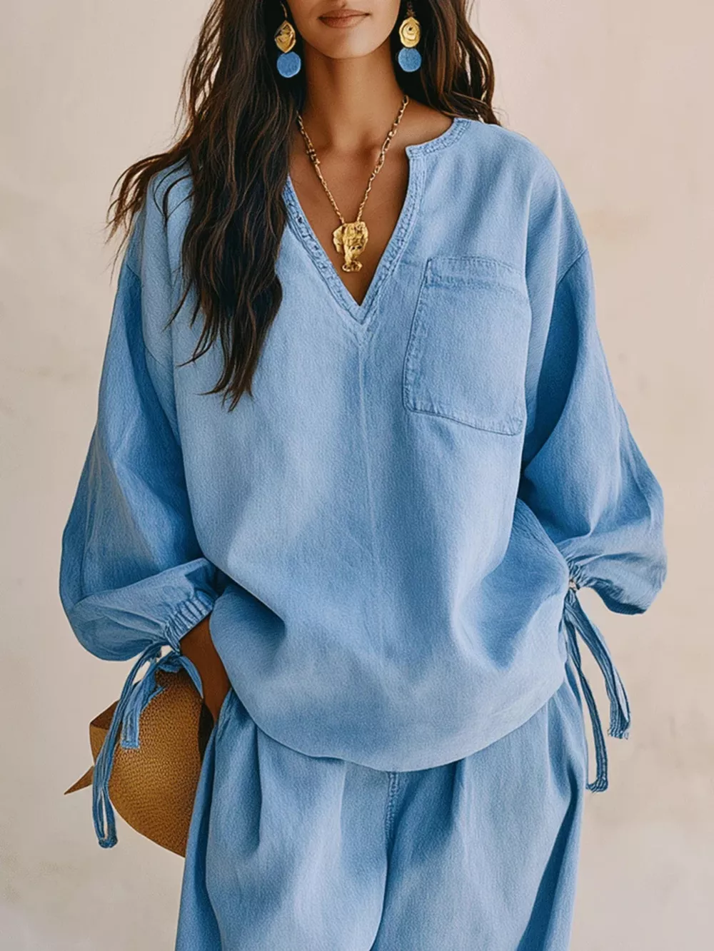 Relaxed Fit Drawstring Sleeve Detail Top and Pants Denim Set, image 3