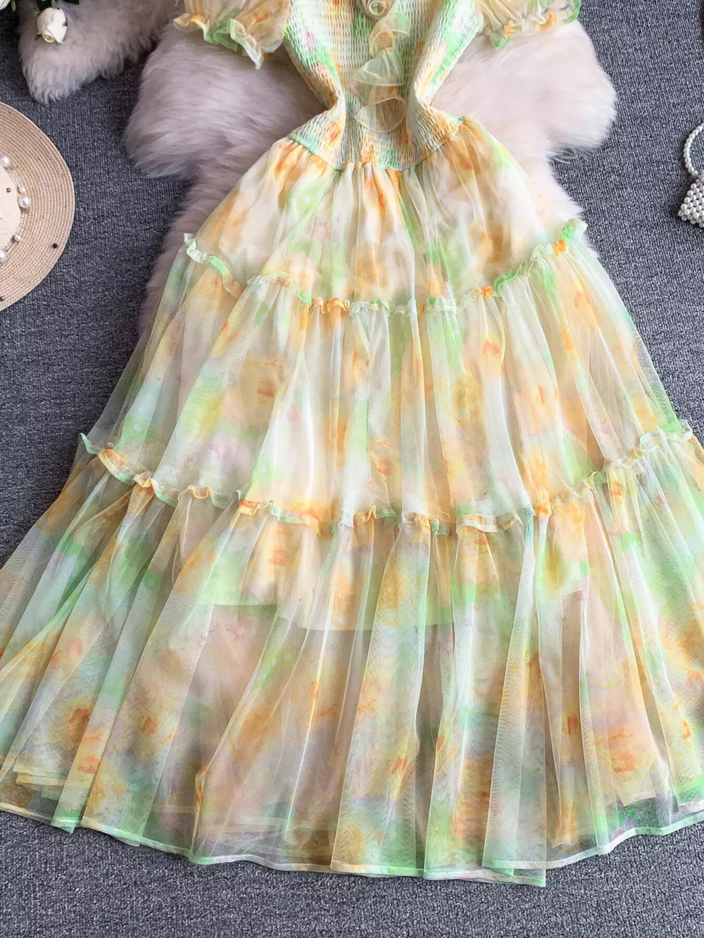 Smocked Floral Tiered Mesh Midi Dress, image 31