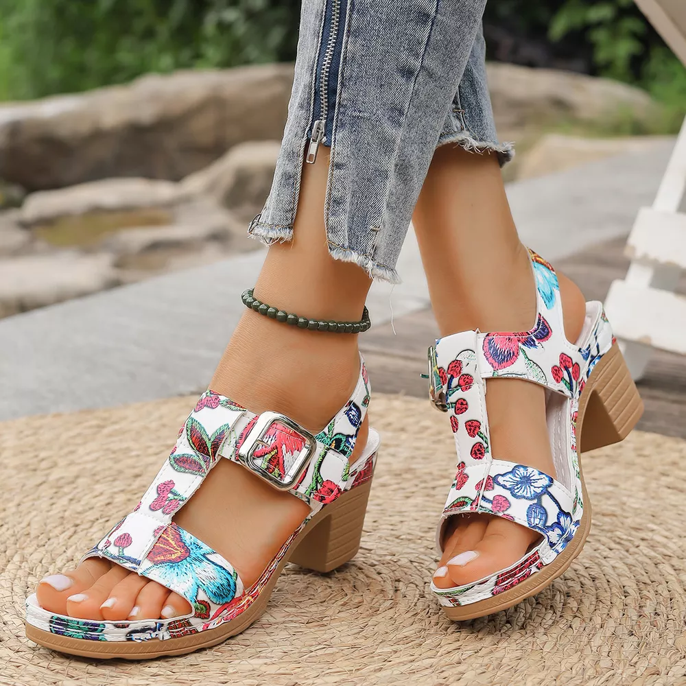 Floral Print Buckle Ankle Strap Block Heel Sandals, image 6