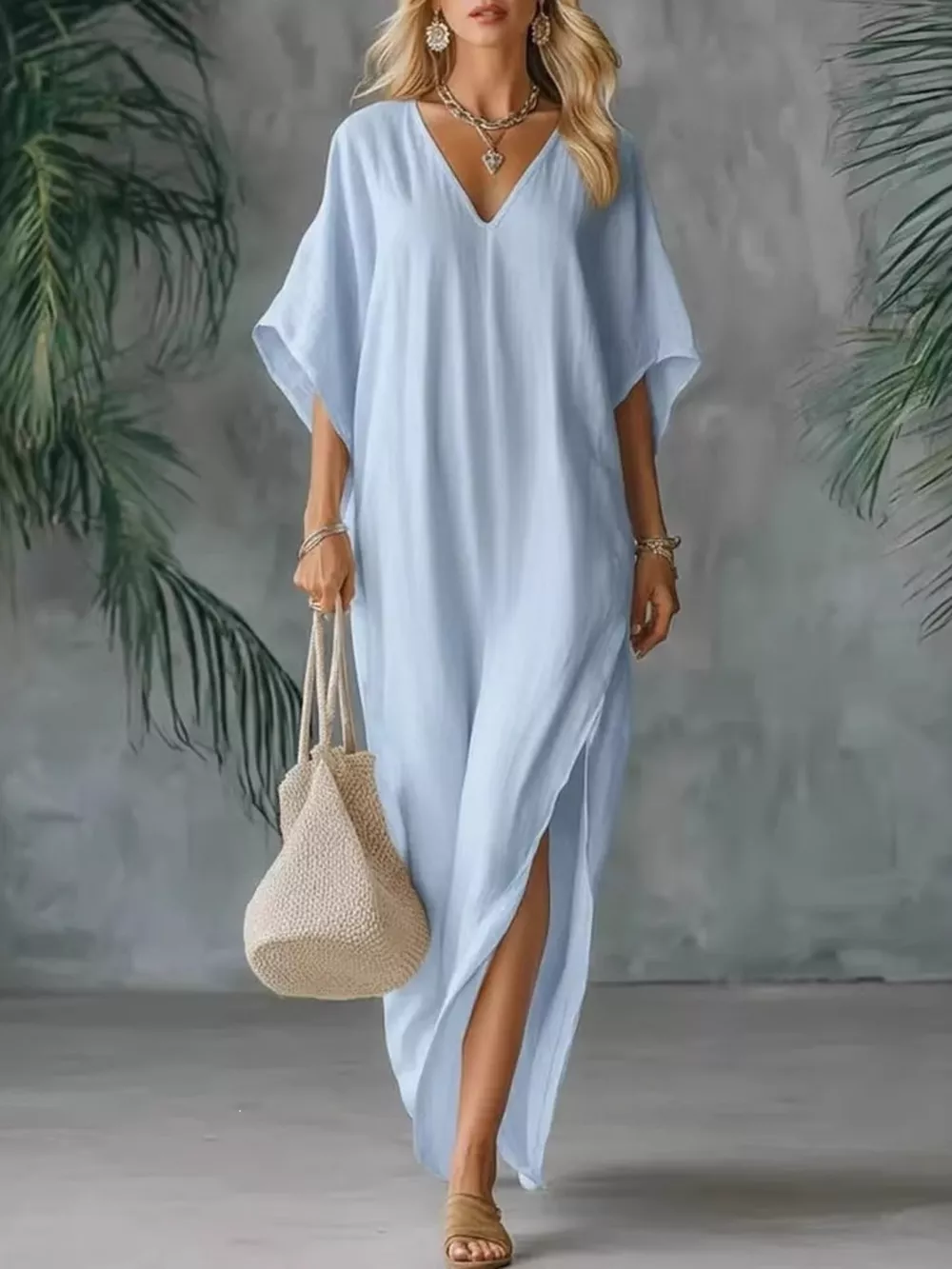 Full Size V-Neck Maxi Dress with Side Slits Plus Size, image 2