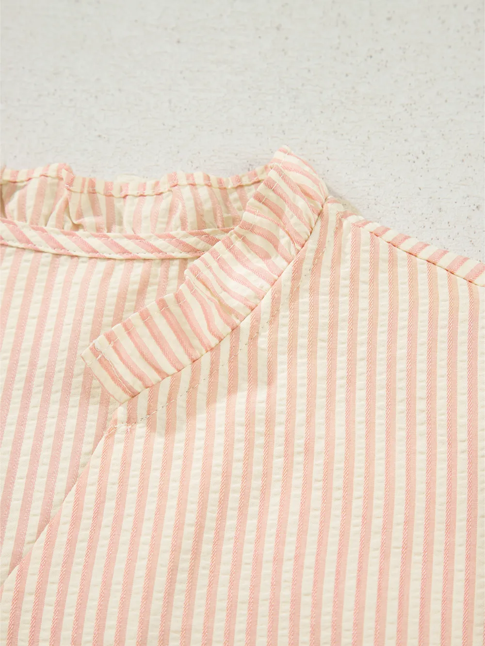 Stripe Bow Knot Cuff Pearl Embellished Puff Sleeve V Neck Blouse, image 2