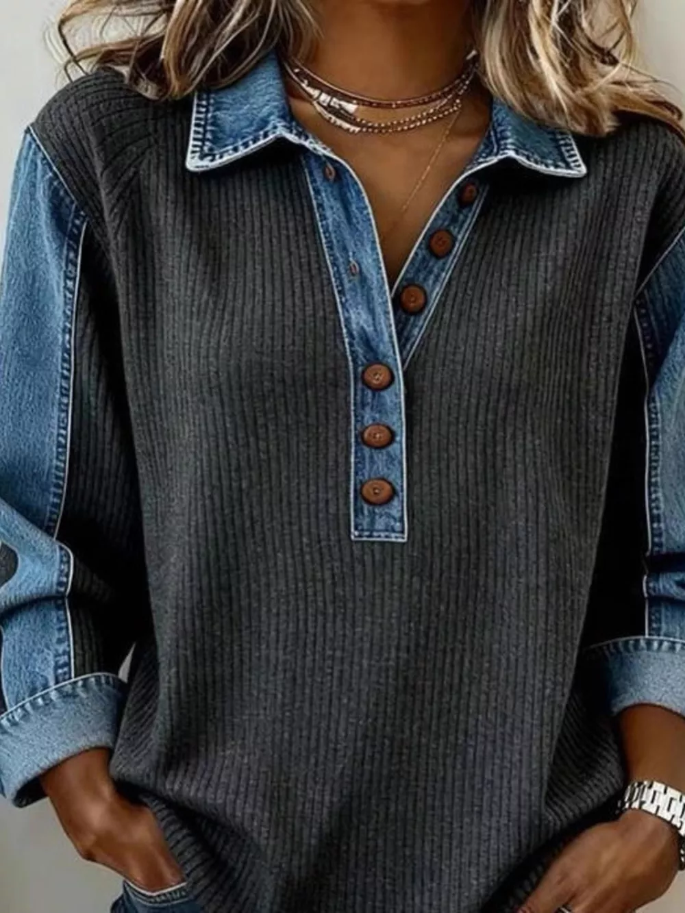 Denim Trim Button Detail Sweatshirt, image 4