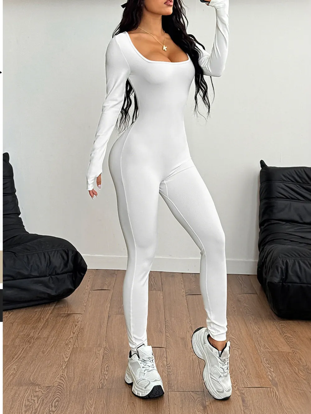 Square Neck Long Sleeve Active Jumpsuit, image 5