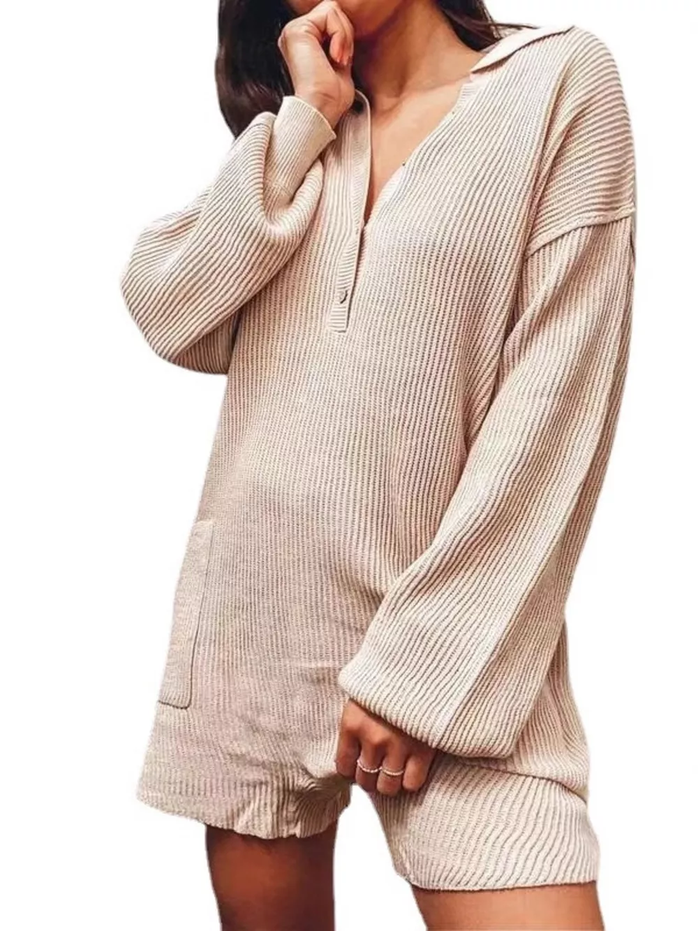 Ribbed Knit Long Sleeve Romper, image 3