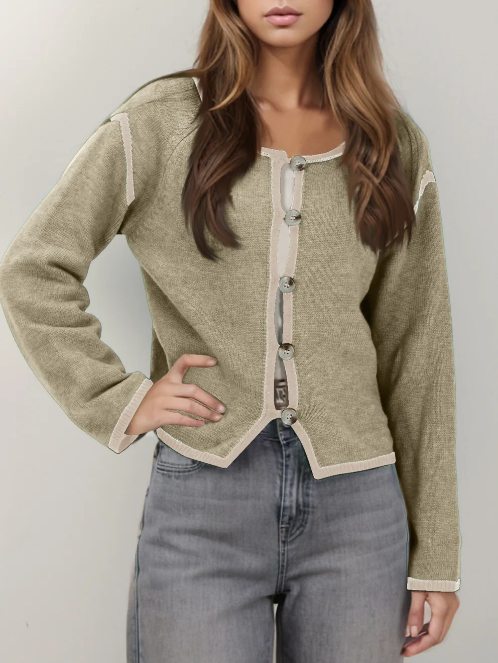 Button-Front Cardigan with Contrast Trim, image 7