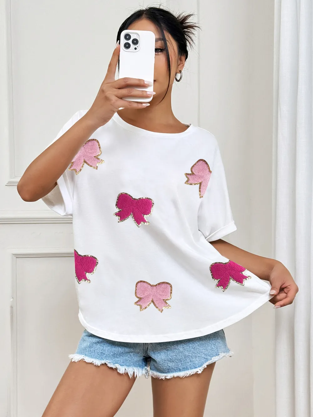 Bow Round Neck Casual T-Shirt, image 4