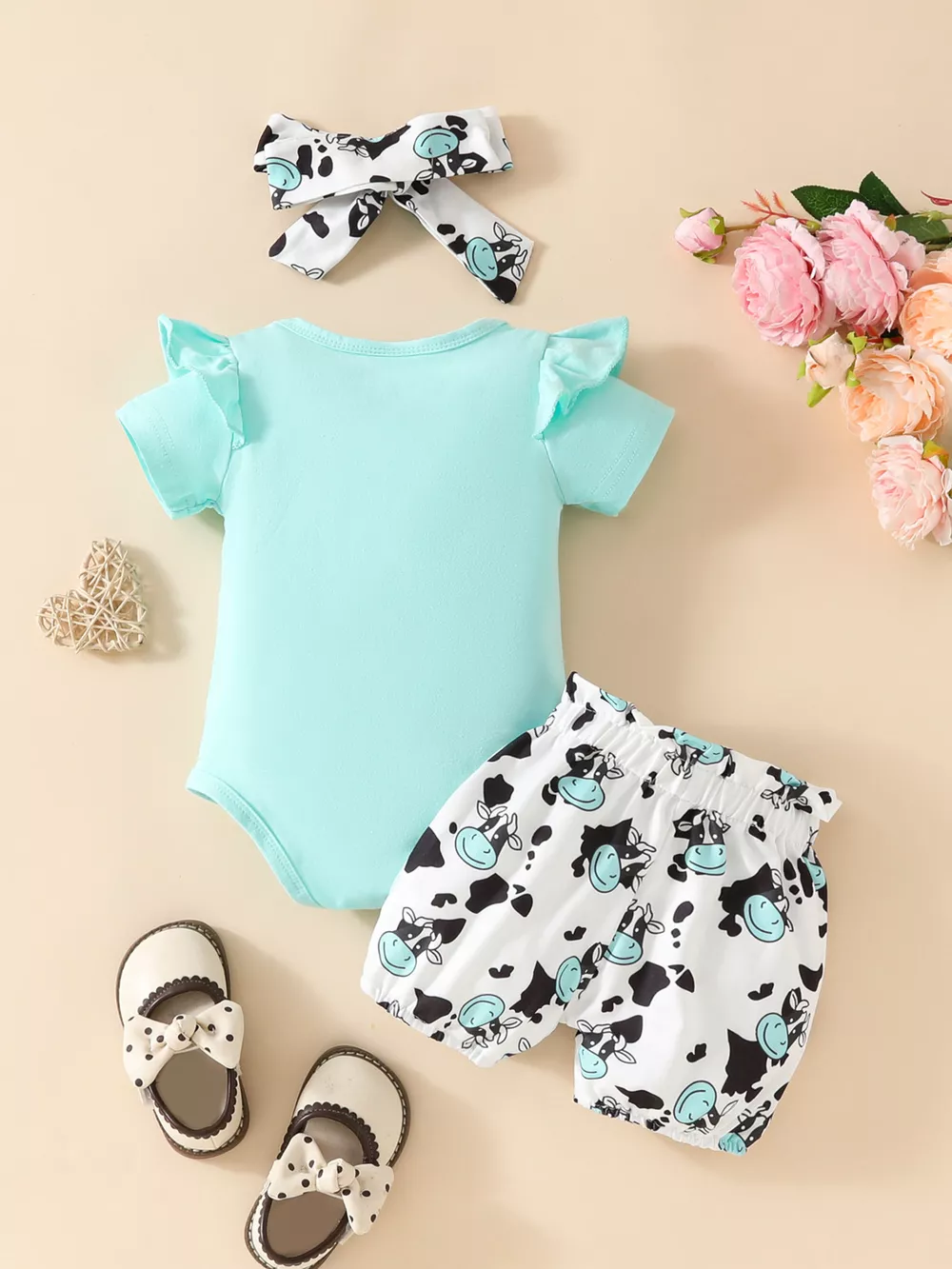 Children's Ruffled Cow Bodysuit and Shorts Set with Headband, image 3