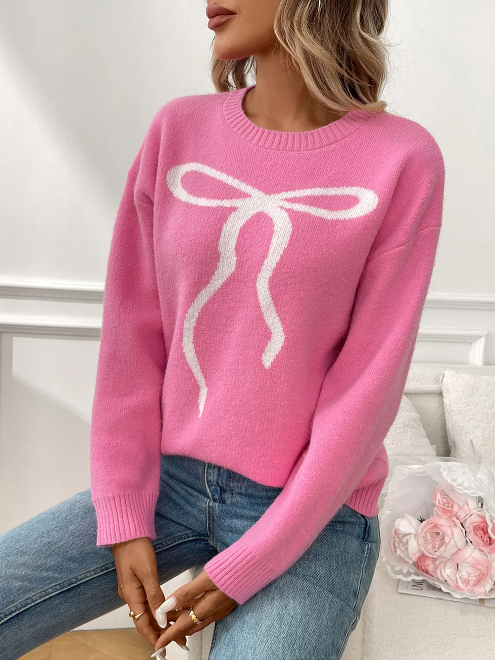 Bow Graphic Ribbed Hem Round Neck Sweater, image 5