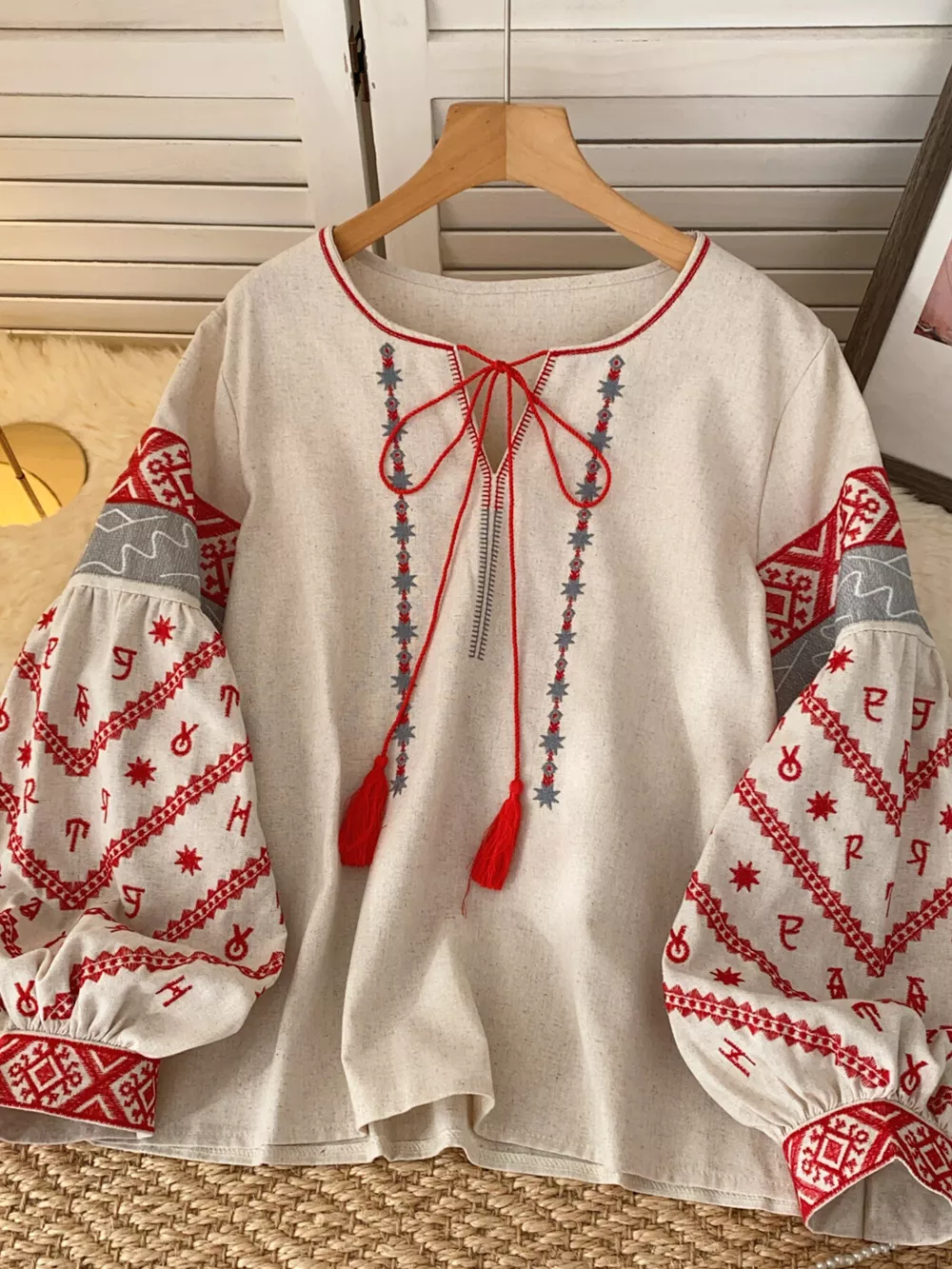 Embroidered Tie Neck Blouse