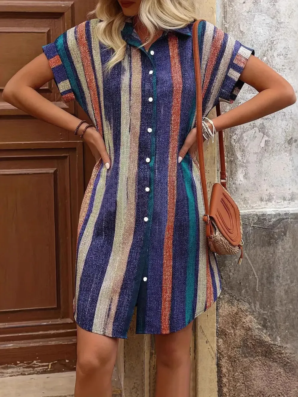 Striped Button-Front Shirt Dress, image 2