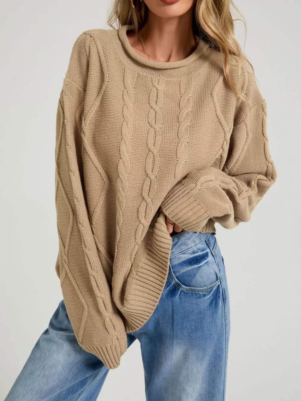 Cable Knit Ribbed Hem Sweater, image 11