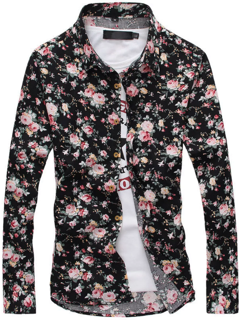 Men's Plus Size Floral Print Long Sleeve Shirt, image 3