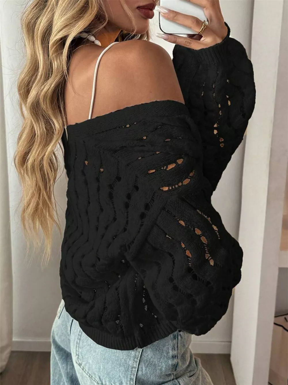 Openwork Button Up V-Neck Cardigan, image 6
