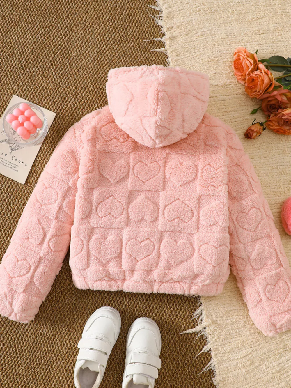 Children's Heart Pattern Fuzzy Hooded Outerwear, image 3