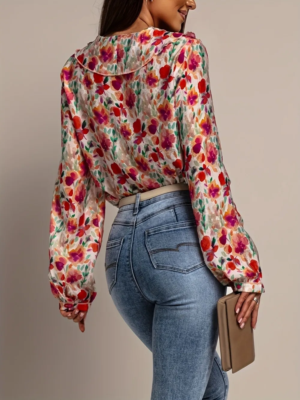 Floral Print Ruffle V-Neck Long Sleeve Blouse, image 2