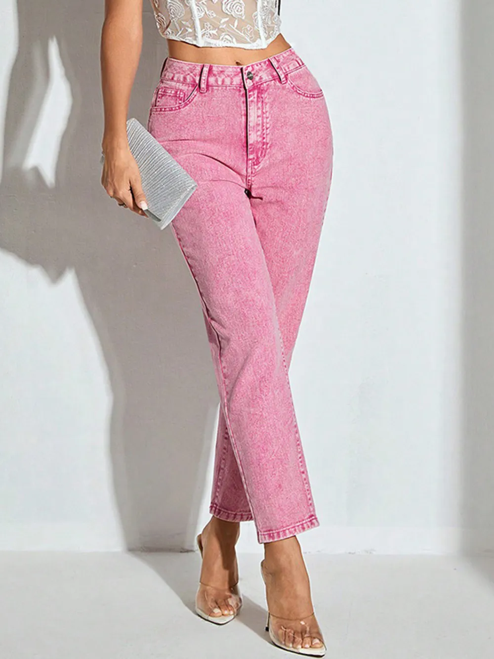 High-Waisted Wash Straight Leg Jeans, image 3