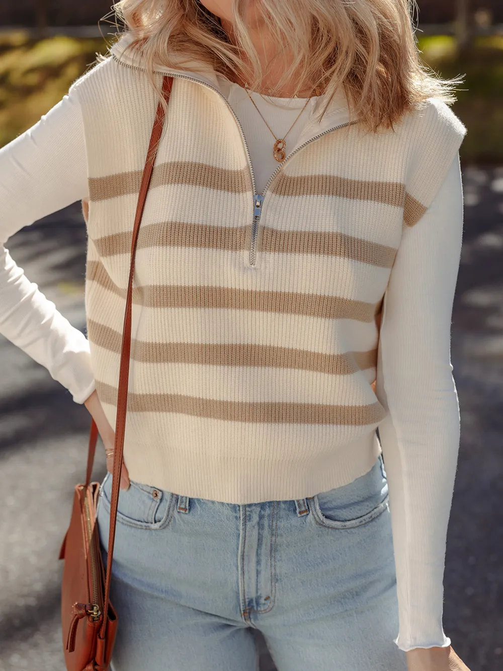 Striped Half-Zip Ribbed Knit Sweater Vest, image 3