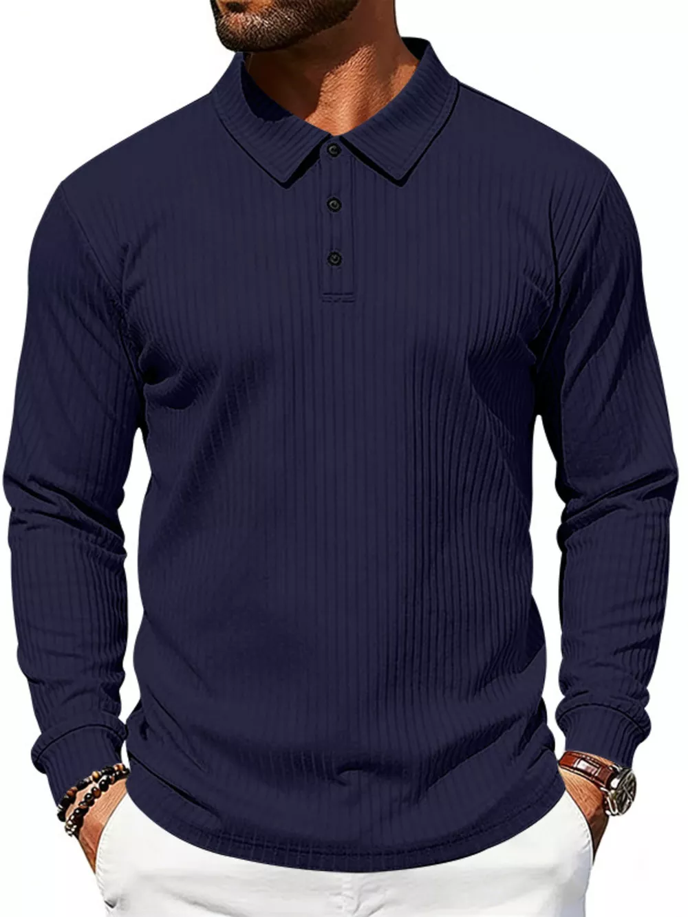 Men's Full Size Ribbed Long Sleeve Polo with Button Detail Plus Size, image 10