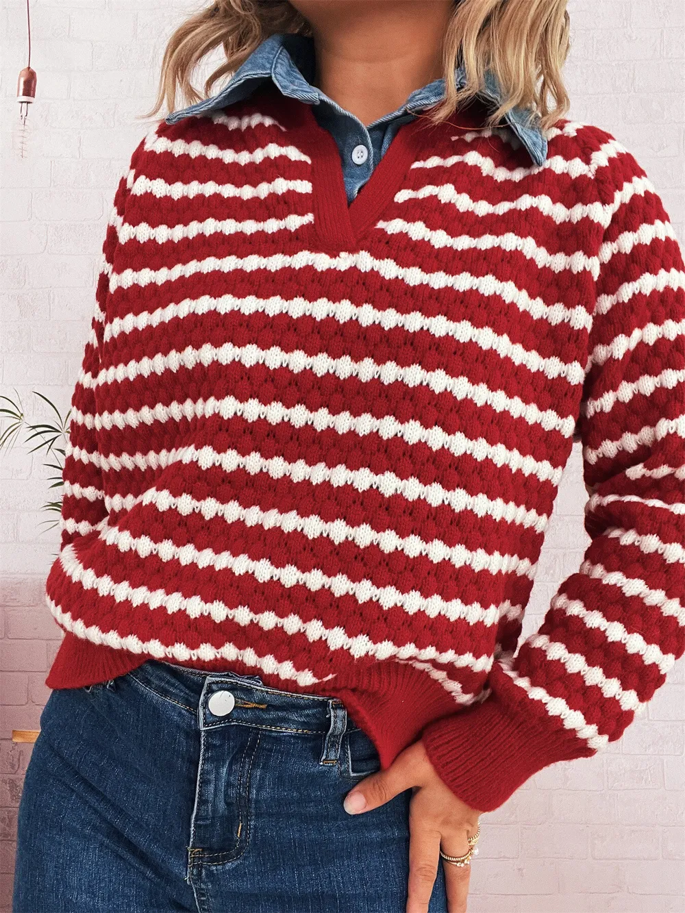 Contrast Striped Sweater with Denim Collar, image 8