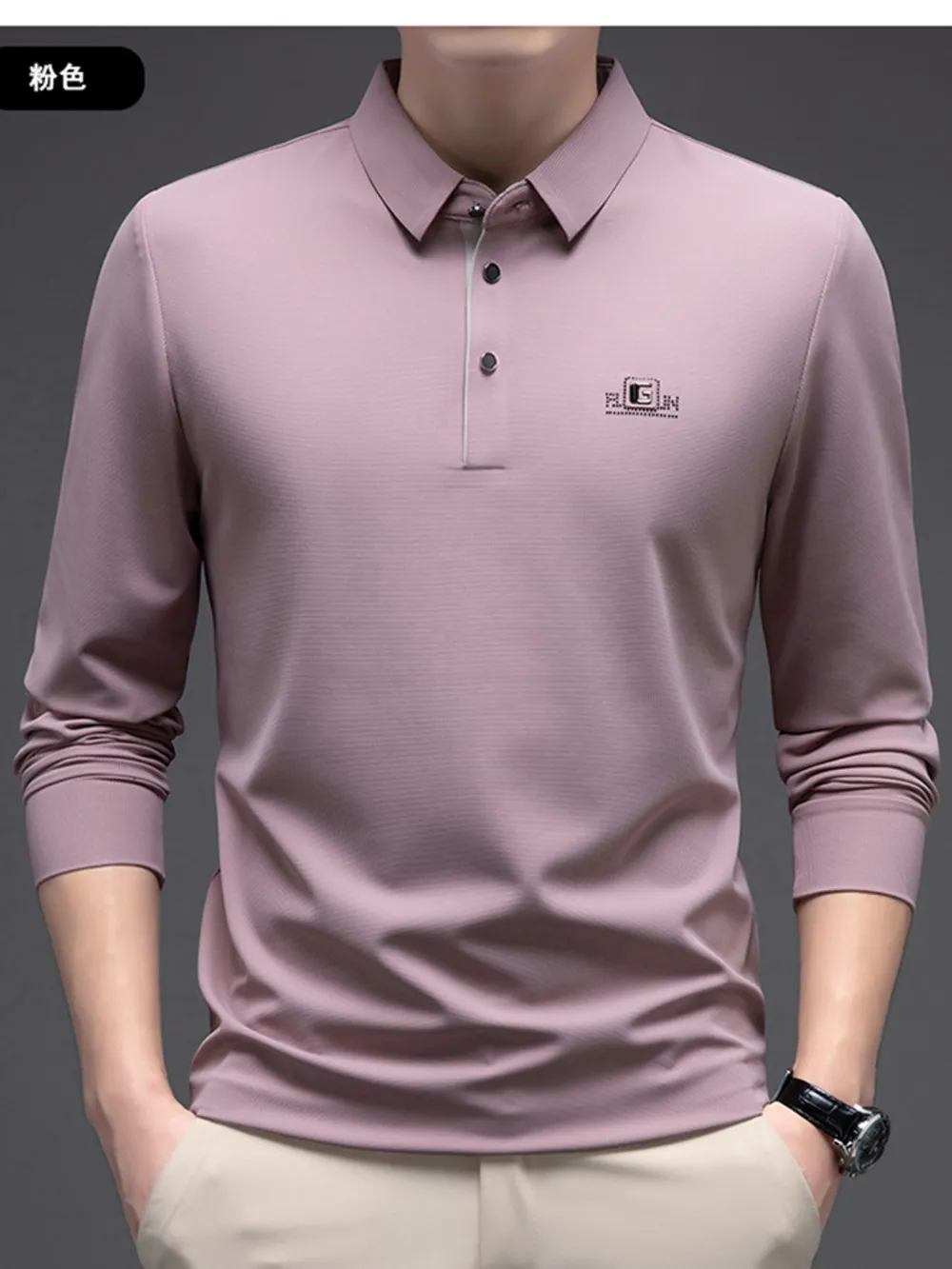 Men's Plus Size Button Detail Long Sleeve Polo, image 9