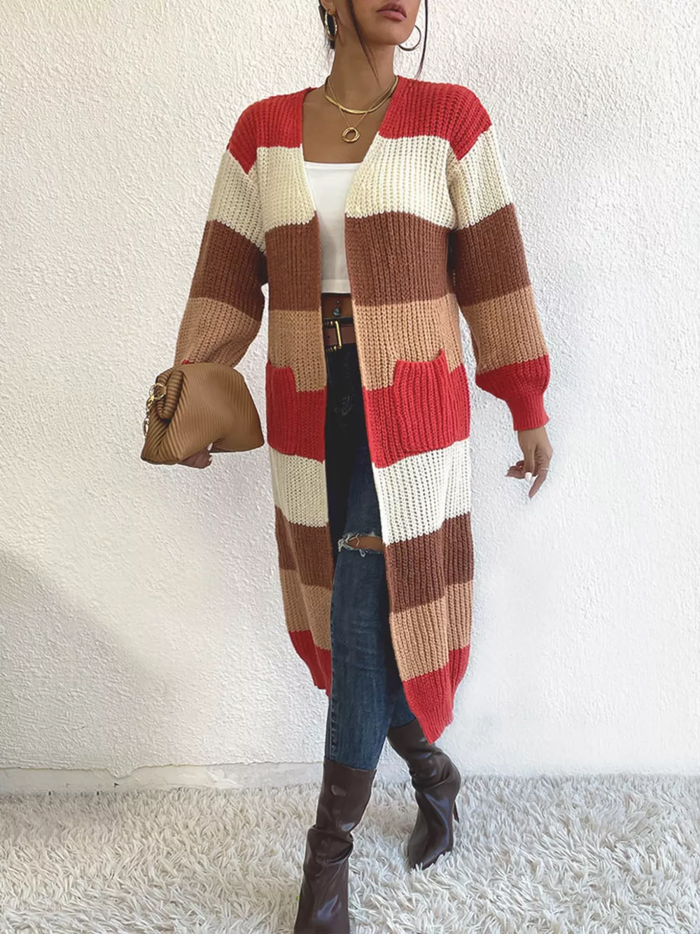 Striped Color Block Open Front Knit Cardigan, image 8